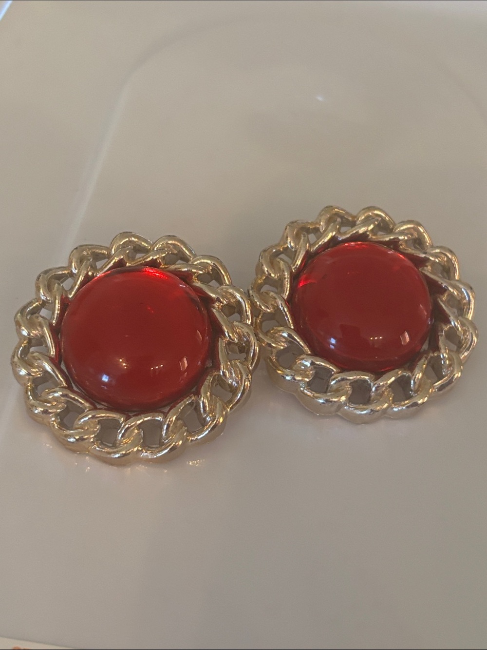 Vintage 2 pairs Chain-Frame Red Button and gold tone big bold clip earring